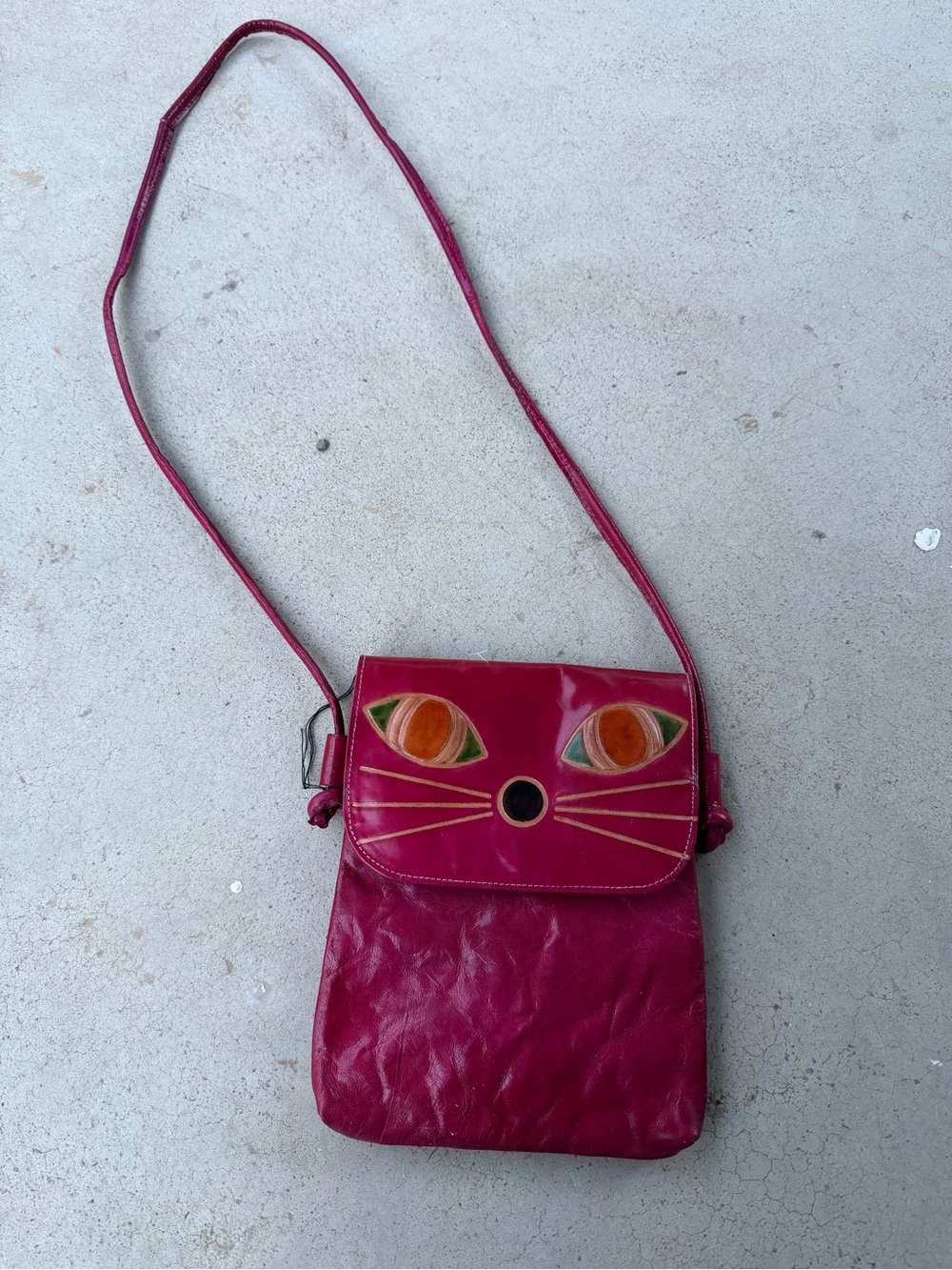 Vintage Leather Women’s Pink Cat Face Crossbody Bag